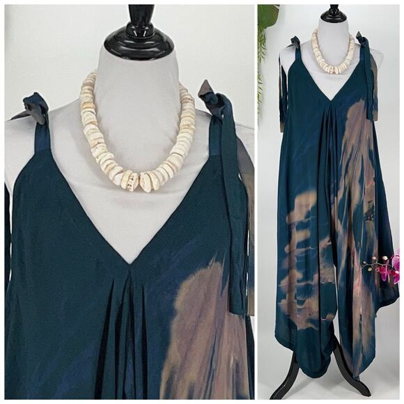 Pōʻalima Romper  Green/Teal/Blue/Gray/Coral V Neck Shoulder TIe Wide Leg Romper - Picture 1 of 15
